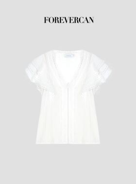 Forevercan女装“兰特庄园”蕾丝拼接v领小飞袖衬衫上衣