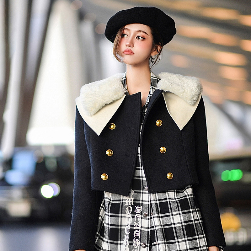 CAN2022秋冬新款l娃娃领小个子短款羊毛呢外套配羊羔毛领女,女装/女士精品,短外套,淘宝优惠券,粉丝福利购,淘宝优惠卷