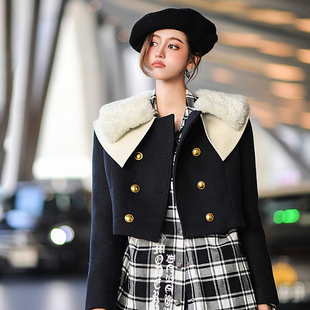CAN2022秋冬新款 羊毛呢外套配羊羔毛领女 l娃娃领小个子短款