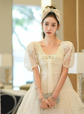 forevercan夏季-绮梦栀子-进口50针机绣蕾丝气质连衣裙