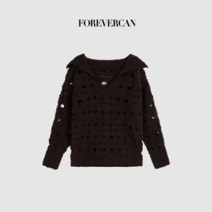 Forevercan女装2025新款乌斯怀亚极细美丽诺羊毛镂空海军领毛衣