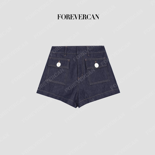Forevercan女装“美高日记”复古工装大口袋百搭A字牛仔短裤