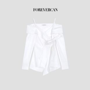 Forevercan女装“变奏解构”结构主义不对称系带露肩府绸棉衬衫