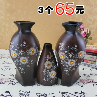 中式风格黑色陶瓷花瓶摆设家居装饰书房摆件中式仿古花瓶三件中号