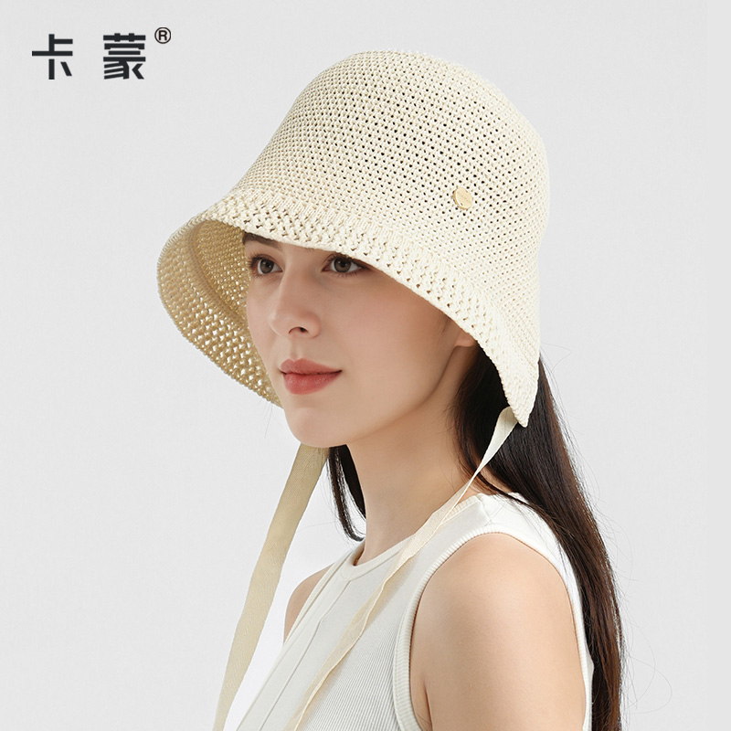 卡蒙飞织水桶帽女夏季透气镂空飘带渔夫帽气质好看女帽可折叠帽子