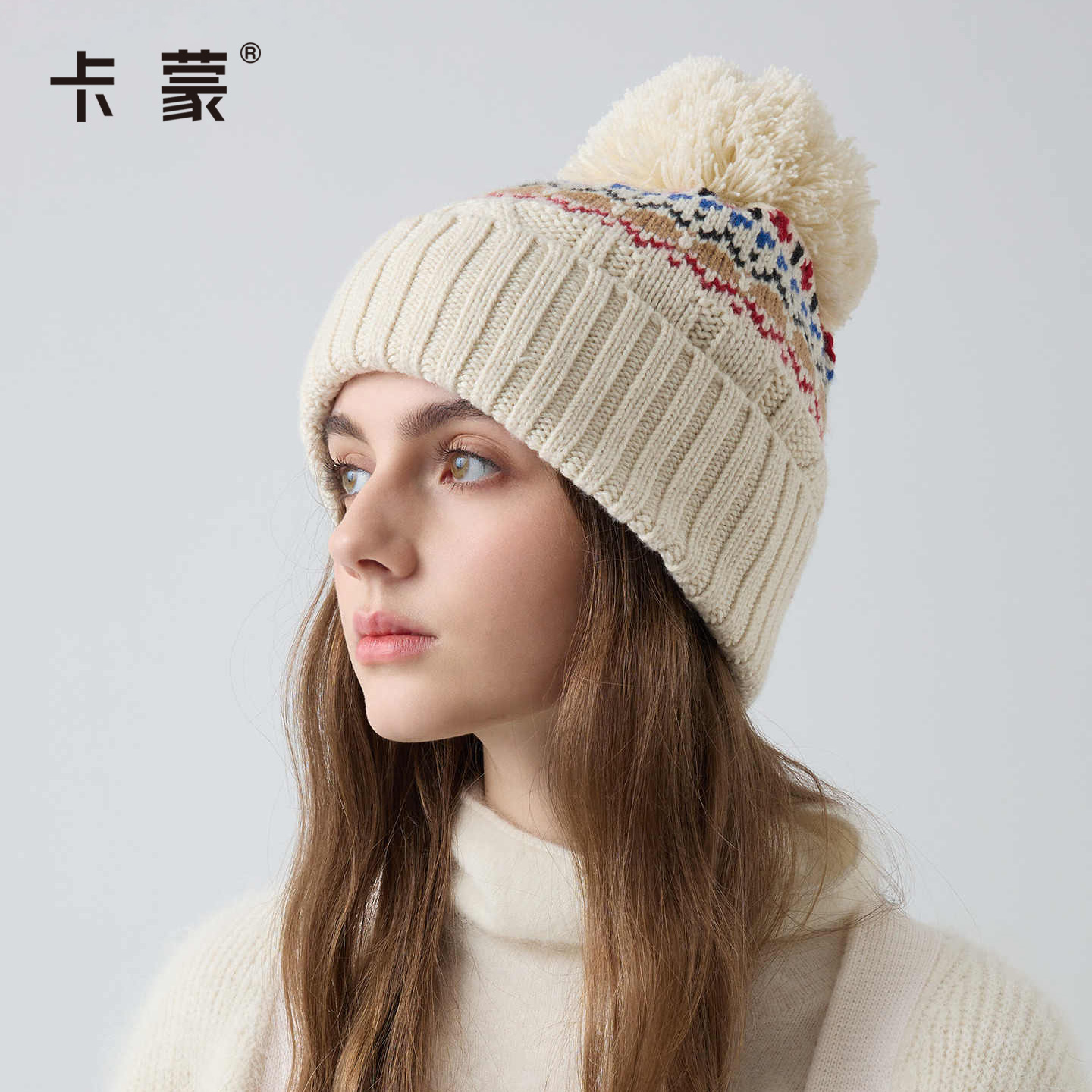 卡蒙白色可爱帽子女秋冬毛线帽时尚毛球针织帽韩系帽子氛围感女帽