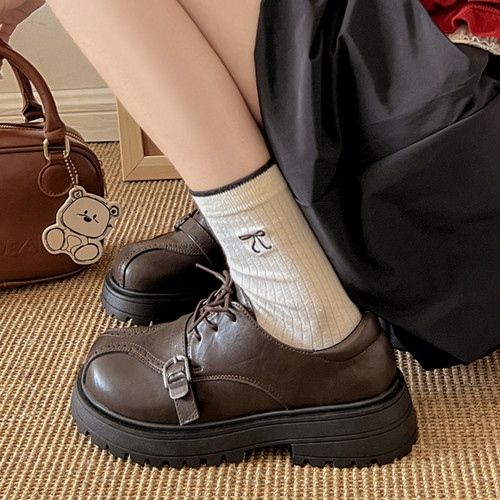 棕色jk小皮鞋女2025新款春秋学院英伦风乐福鞋厚底玛丽珍鞋配裙子