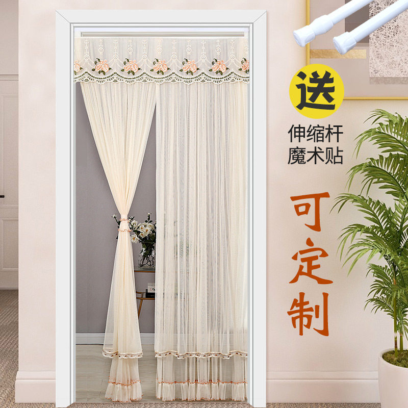 清新双层纱门帘防蚊门帘免打孔自粘式两用门帘装饰窗帘 简约现代