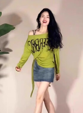 绿色字母涂鸦印花防晒T恤女夏季不规则系带掐腰薄款罩衫宽松上衣