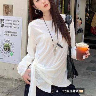 圆领设计感宽松上衣 慵懒风白色绑带长袖 T恤女2025夏季 薄款 防晒衫