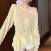 绑带收腰罩衫 韩系减龄黄色一字领长袖 新款 防晒t恤女夏季 上衣 薄款