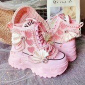 原创厚底马丁靴女粉色内增高小众短靴甜镶钻仙女春秋新款 高帮单女