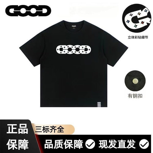 GOOD国潮夏季LOGO镂空立体印花烫钻工艺重磅纯棉短袖T恤男女同款