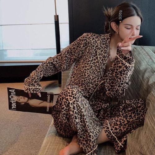 女豹纹睡袍浴袍长袖家居服 Womens Leopard Long Sleeve Bathrobe