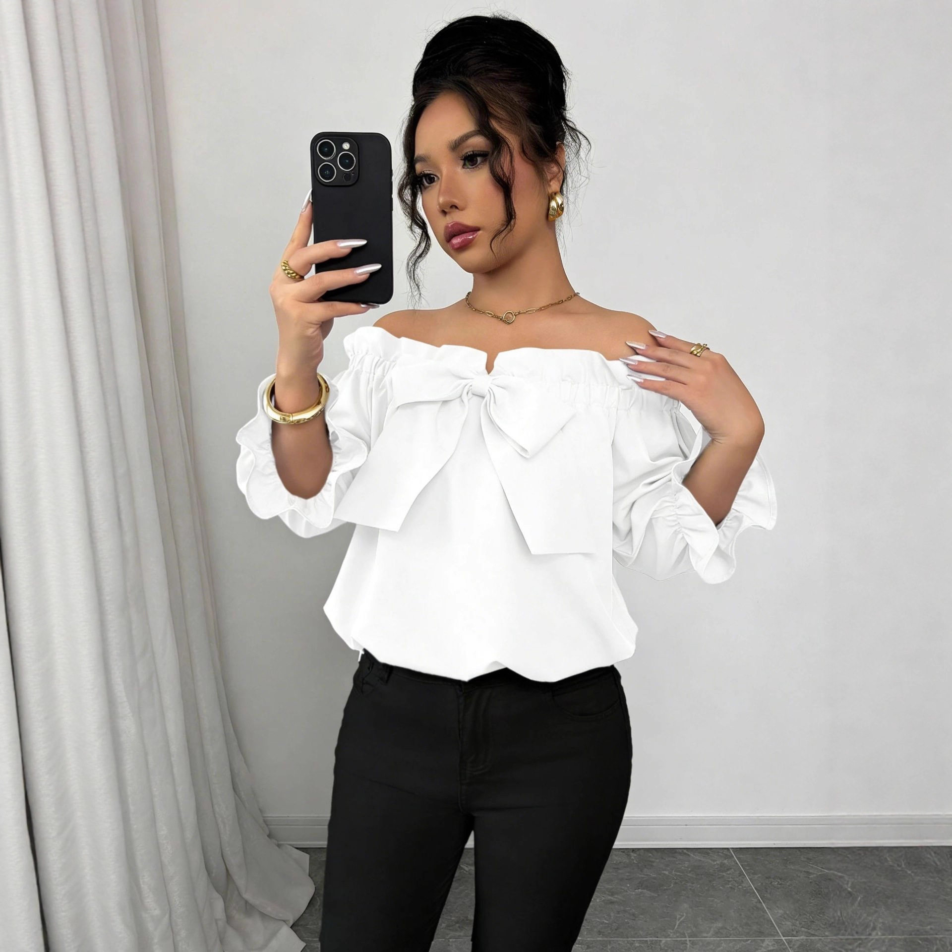 纯欲风白色一字肩上衣女百搭显瘦蝴蝶结泡泡袖短款衬衫blouse top