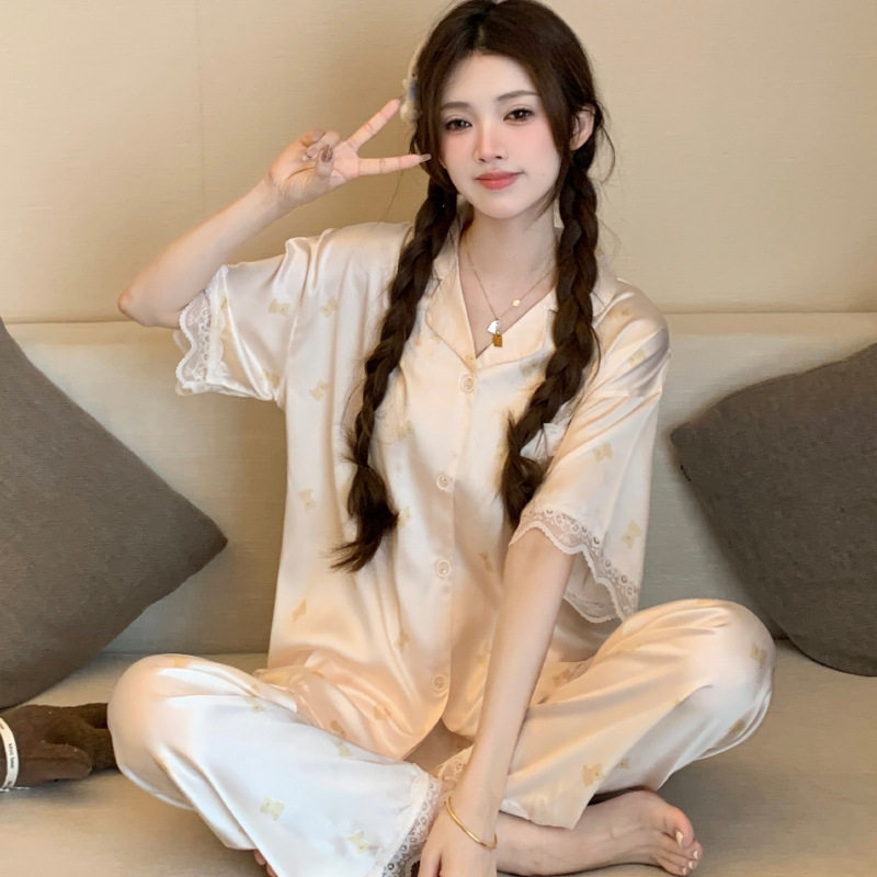 女可爱睡袍高级感夏季 Womens Cute Satin Sleep Robe Summer Set