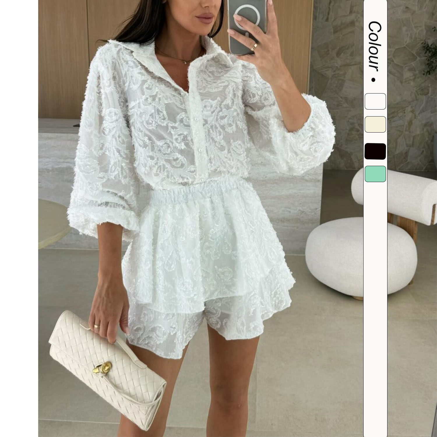 白色蕾丝短裤套装女夏季休闲 White Lace Shorts Two Piece Set