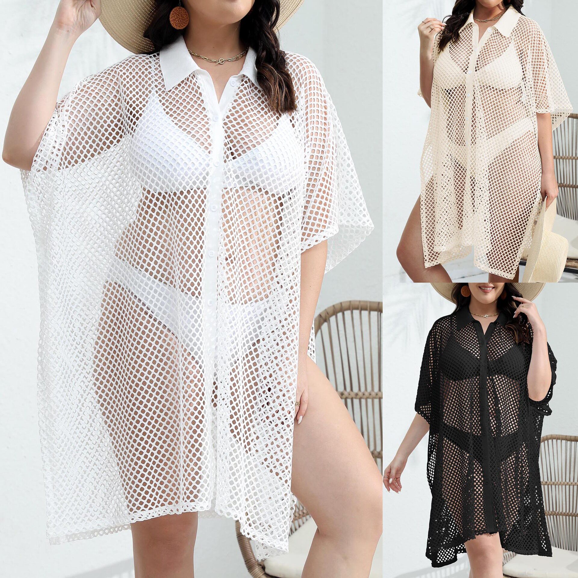 大码镂空网眼防晒沙滩外搭裙 hollow mesh beach cover up women