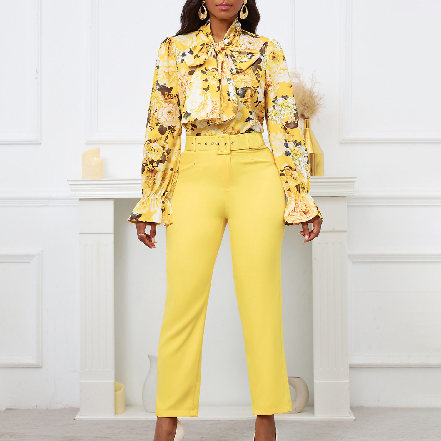 长袖上衣高腰西裤休闲裤套装女显瘦休闲 Sleeve Pants Set Women