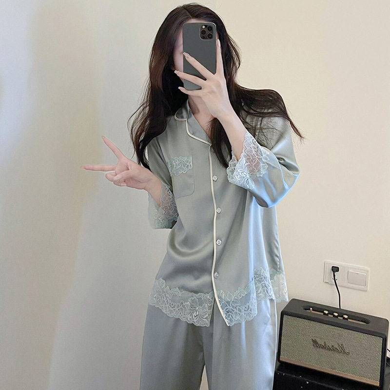 女睡袍浴袍两件套长裤拼接 Womens Bathrobe Robe Set Lace Pants