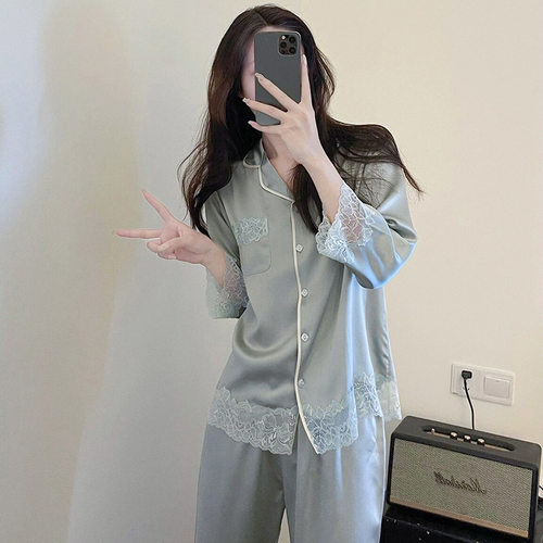女睡袍浴袍两件套长裤拼接 Womens Bathrobe Robe Set Lace Pants