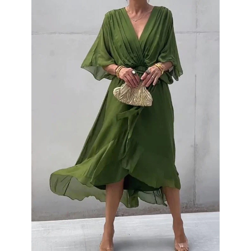 舒适女式绿色雪纺连衣裙中长夏季约会晚宴穿搭Dress Casual Style