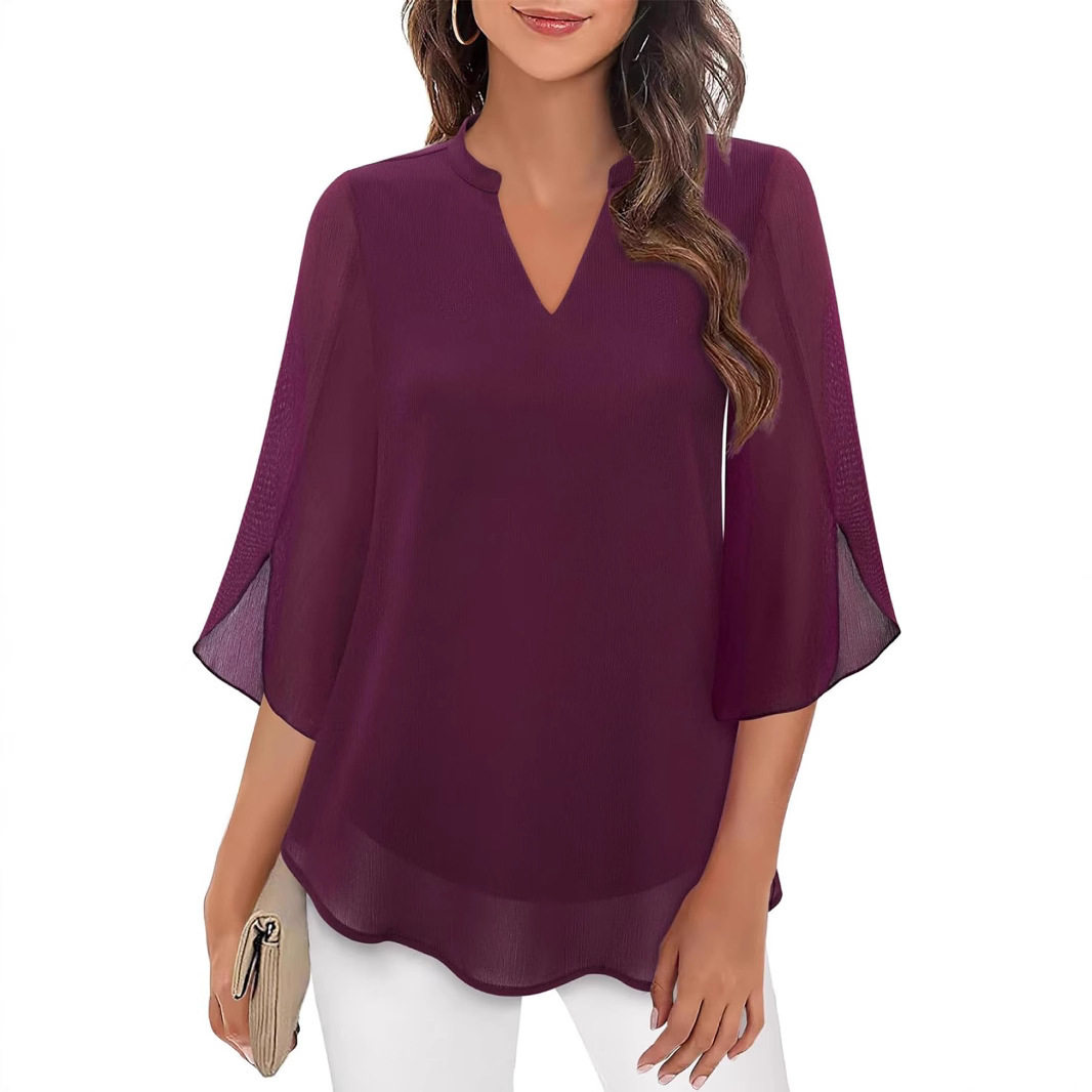 紫色宽松雪纺V领上衣女七分袖夏日常通勤休闲约会穿搭 Blouse Top