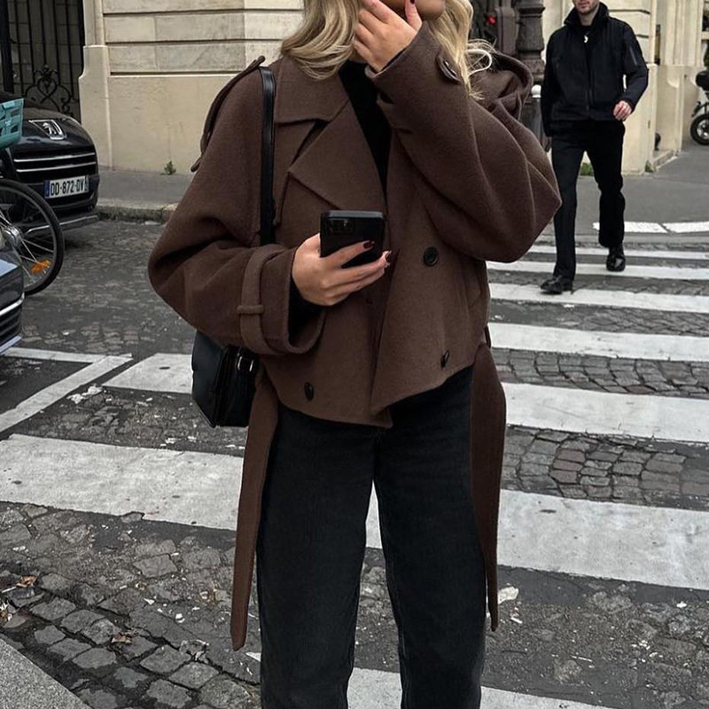 通勤气质深棕短款毛呢大衣女双排扣系带收腰显瘦外套 Coat Casual