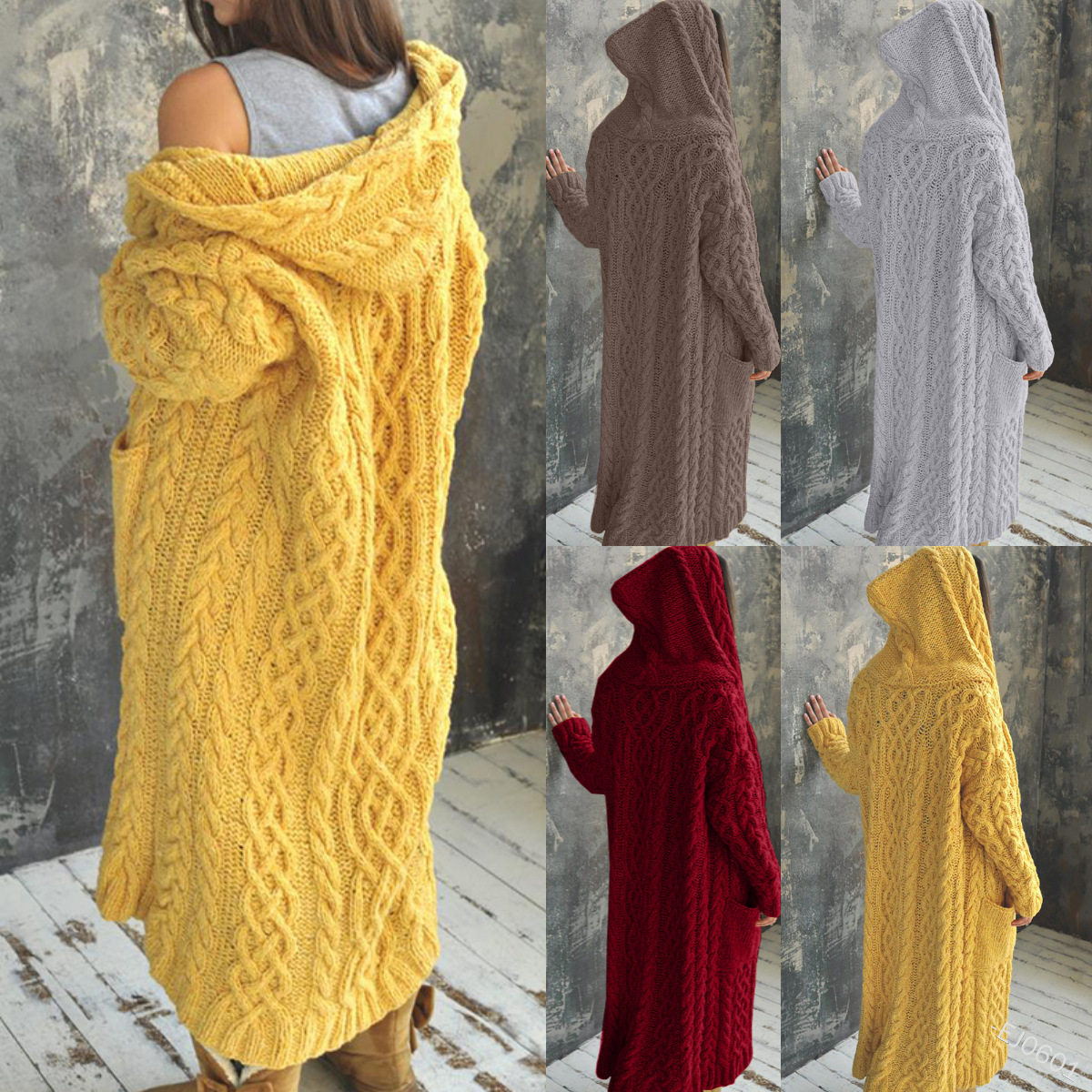 女外贸连帽长款开衫毛衣 Womens Hooded Long Knitted Cardigan