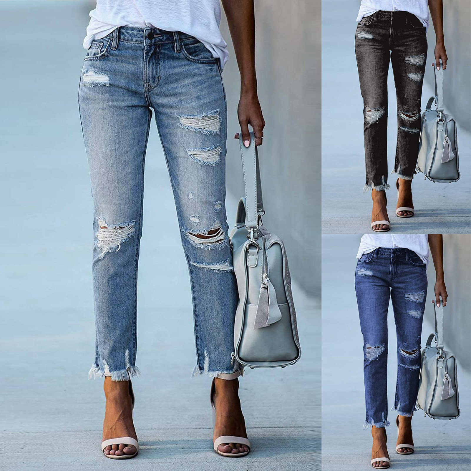 女纯色直筒破洞牛仔裤 Womens Plain Straight Leg Ripped Jeans