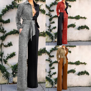sequin chic 修身 evening block jumpsuit color 晚宴女拼色连体裤