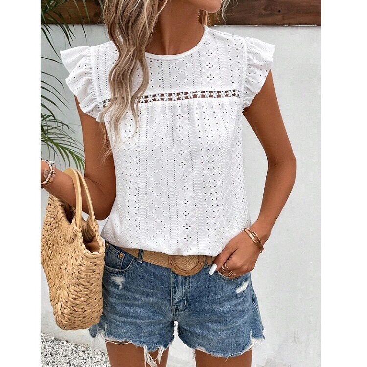 春夏清新风白色镂空圆领小飞袖上衣女气质百搭eyelet ruffled top