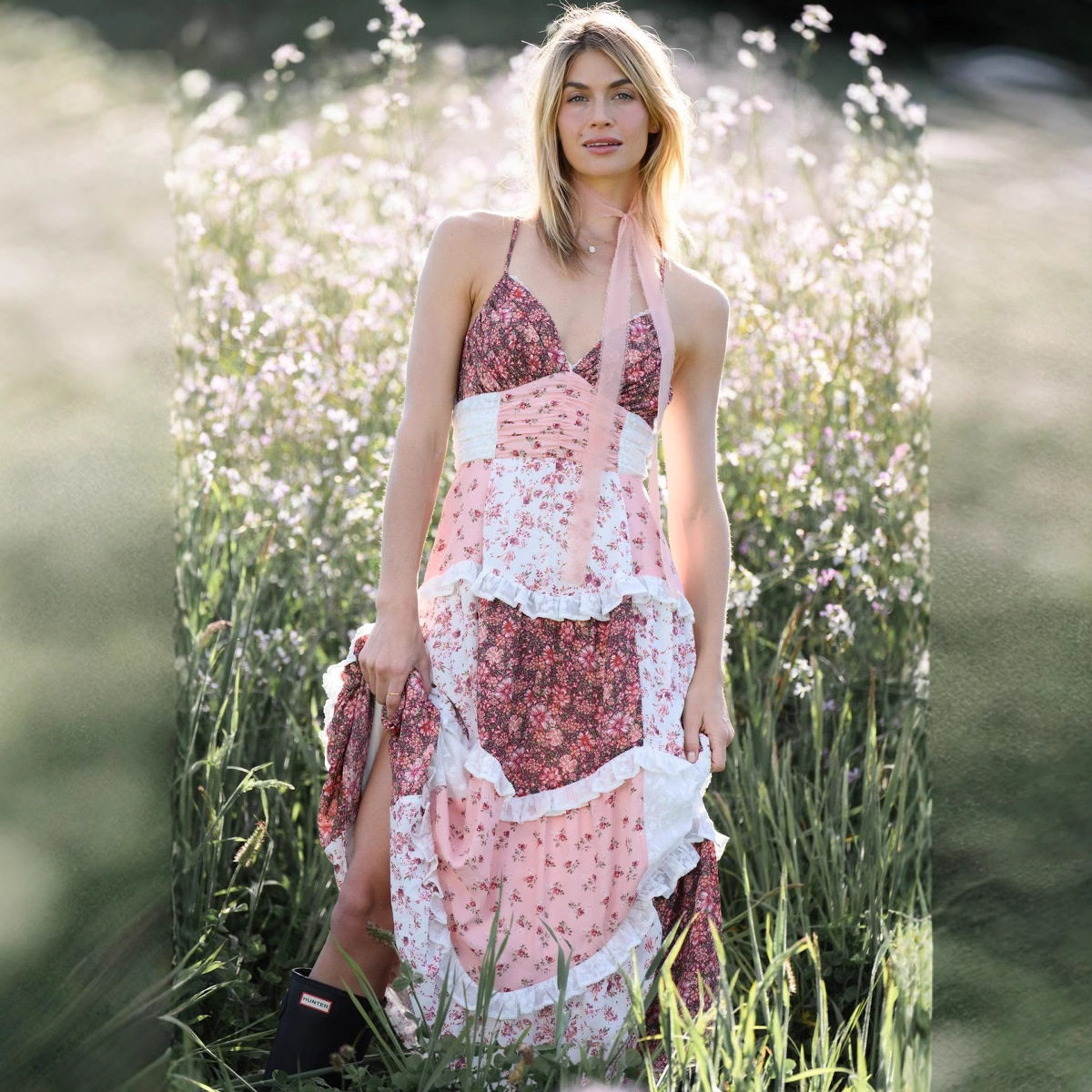 气质拼接连衣裙女粉色荷叶边Elegant Patchwork Dress Women Pink