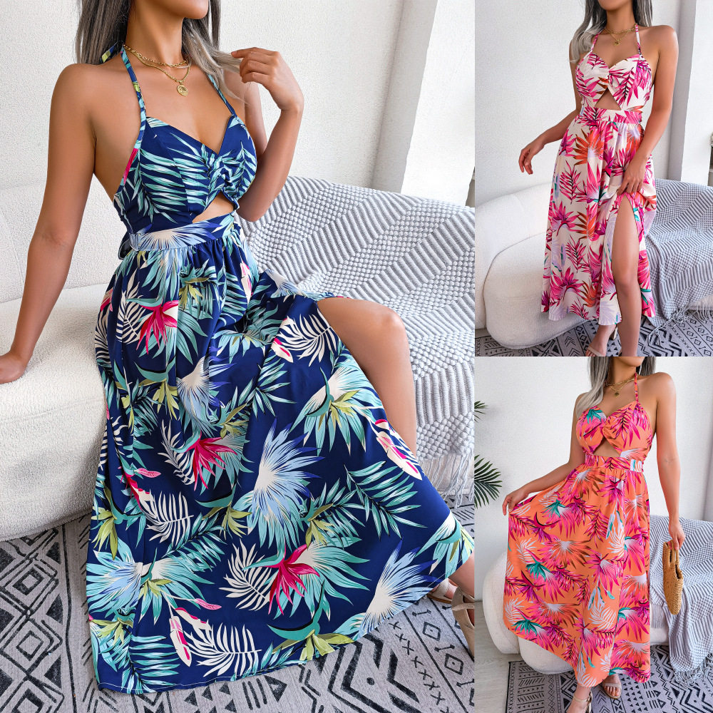 碎花露背吊带高开叉度假长裙 floral backless maxi dress resort