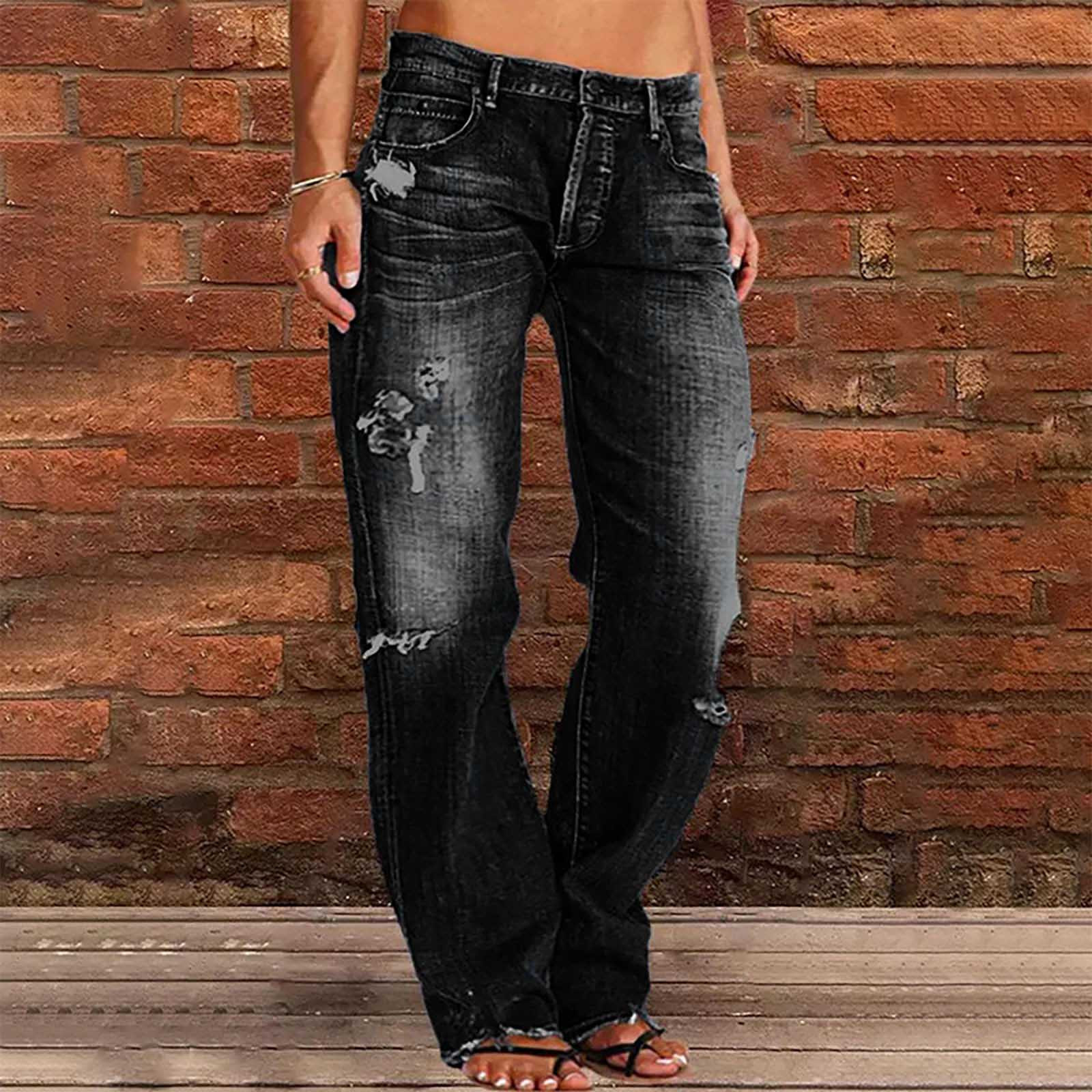 女中腰休闲破洞牛仔裤长裤 Women midrise casual ripped jeans