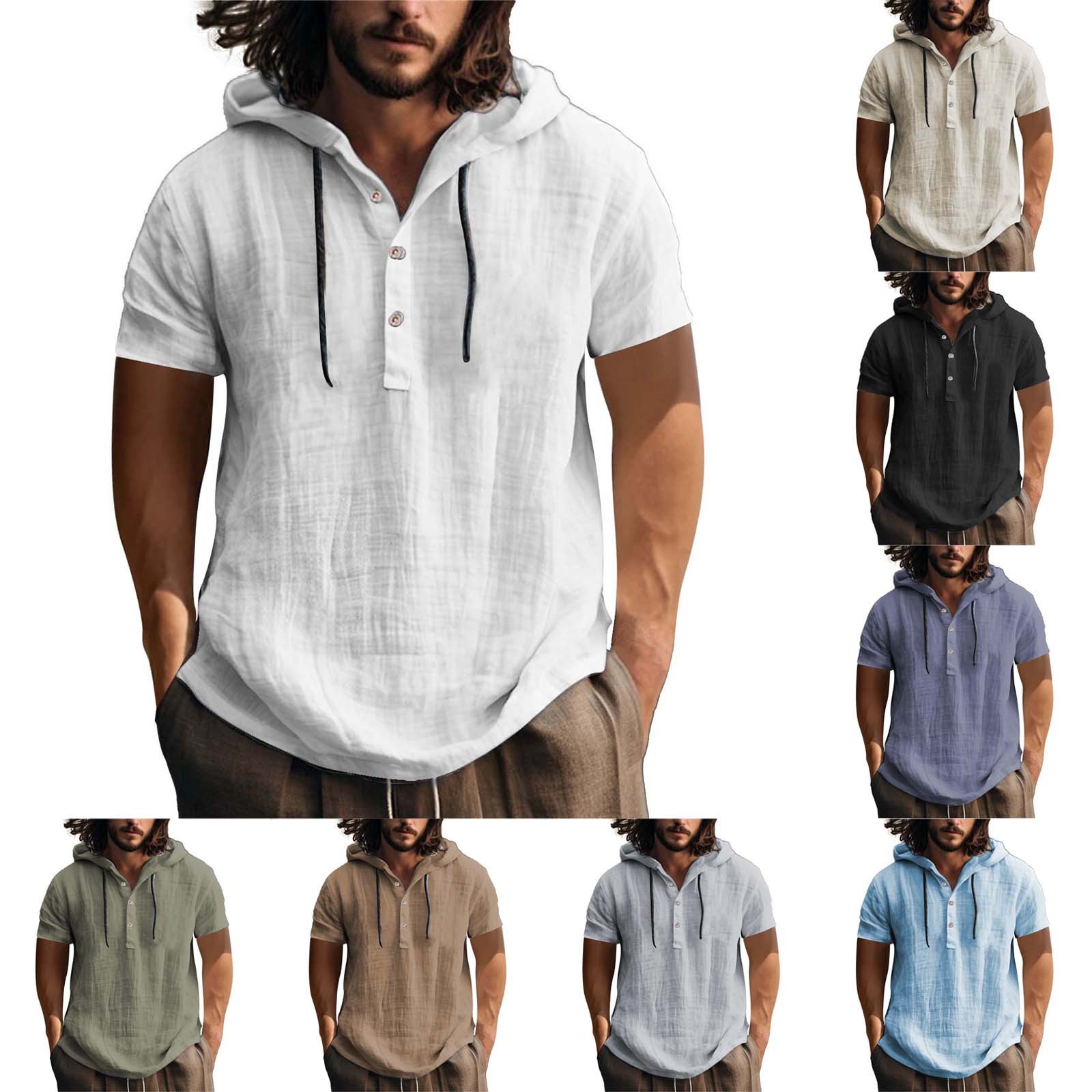 春夏男连帽短袖休闲衬衫 Men Hooded Short Sleeve Casual Shirt