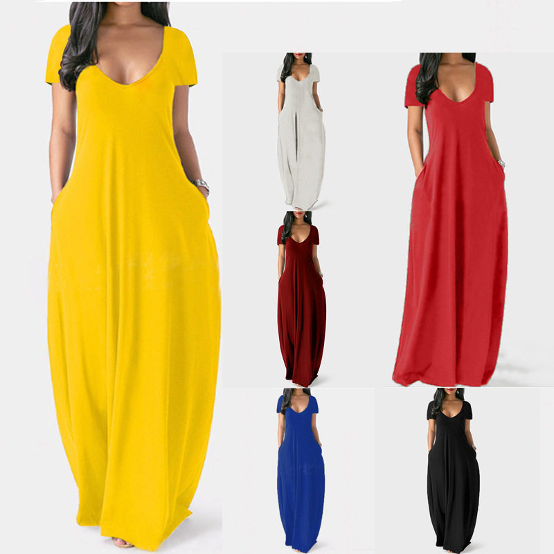纯色连衣裙性感深V短袖长裙图片