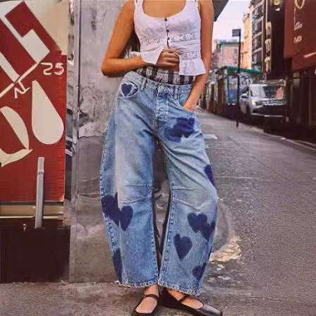 减龄少女风高腰爱心印花阔腿裤女显瘦 cute heart pattern jeans