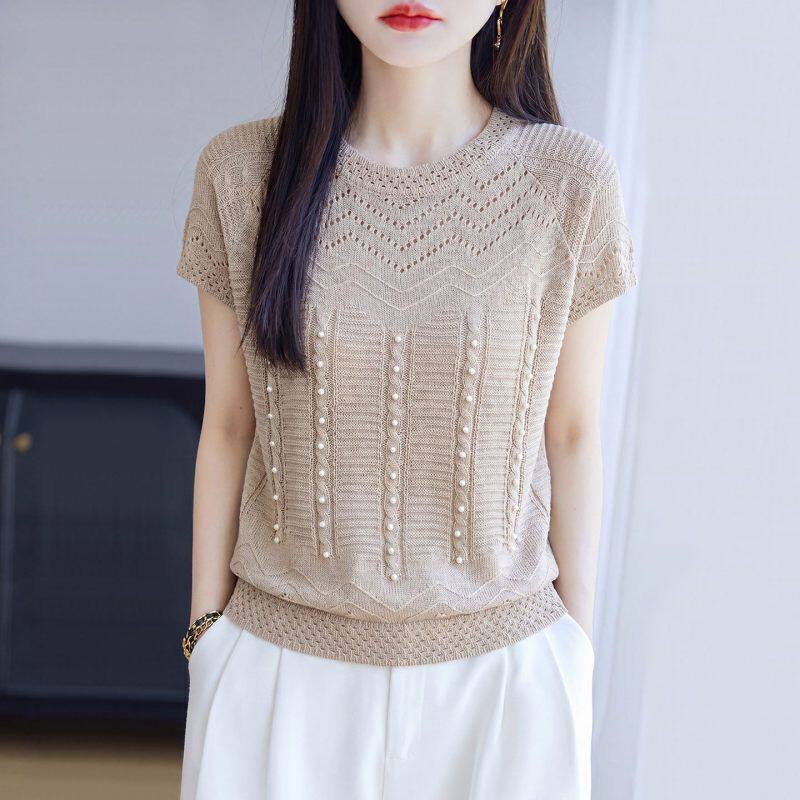 钉珠天丝亚麻镂空针织短袖T恤衫女夏季穿搭薄款显瘦宽松休闲上衣