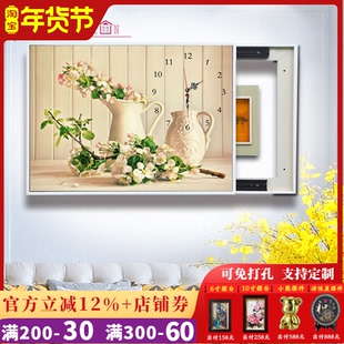 电表箱装饰画免打孔可推拉带钟表配电箱电闸盒液压上翻开遮挡挂画