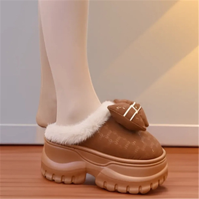 冬季高跟新款时尚保暖蝴蝶结厚底棉拖鞋加绒舒适轻便防水增高女冬