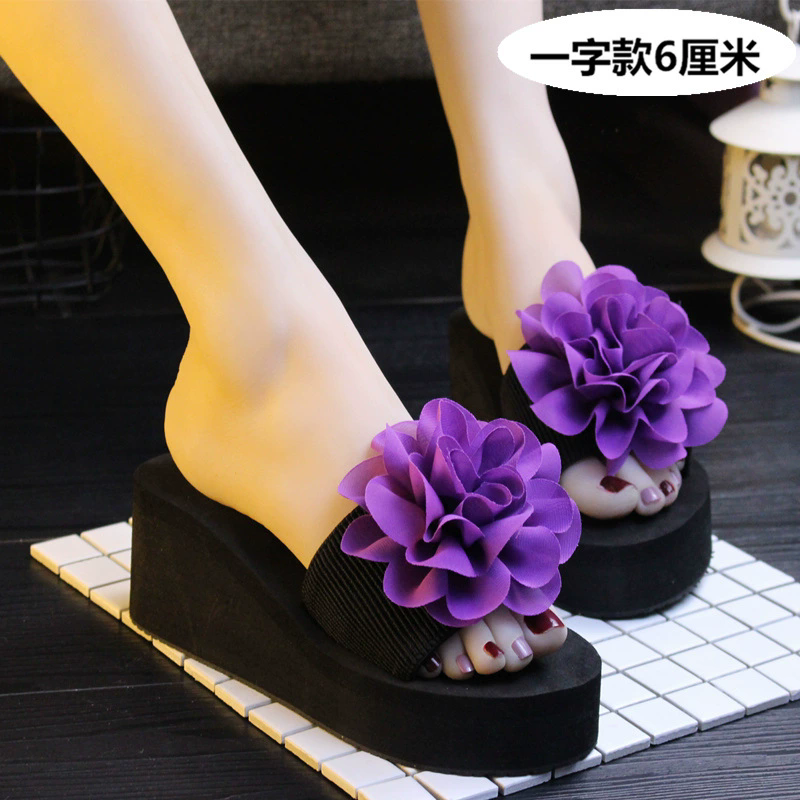 紫色花朵厚底坡跟女士凉拖鞋一字拖防滑夏季防水台轻便沙滩休闲拖