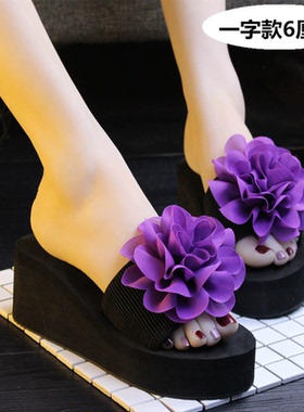 紫色花朵厚底坡跟女士凉拖鞋一字拖防滑夏季防水台轻便沙滩休闲拖