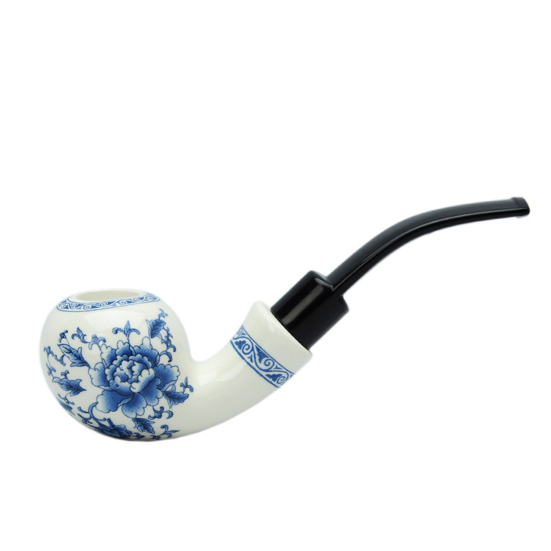 木香 手工陶瓷弯式烟斗 青花陶瓷烟具双层隔热陶瓷河豚烟斗