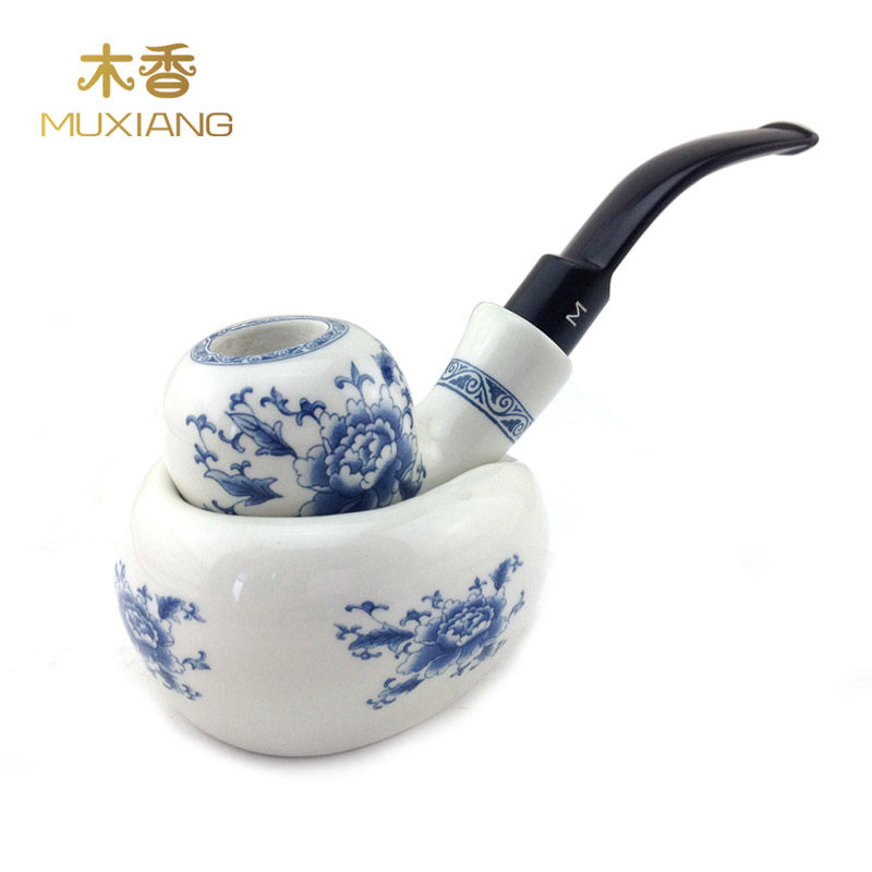 木香 青花瓷手工陶瓷烟斗套装 弯柄陶瓷烟斗吸水性优于石楠木烟斗