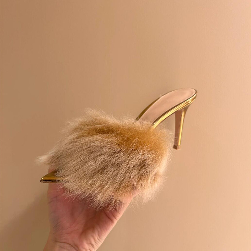 24冬季新款名媛性感水貂毛高跟鞋女金色真皮毛一体时髦高跟毛凉拖,女鞋,一字拖,淘宝优惠券,粉丝福利购,淘宝优惠卷