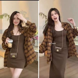 新款 法式 吊带裙格子衬衫 设计吊带连衣裙裙子套装 衬衣 2025夏秋季