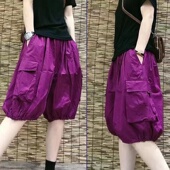 宽松纯色大口袋休闲五分裤 大码 韩版 女夏2024新款 高腰纯棉灯笼短裤