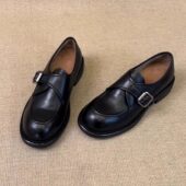 英伦风加绒小皮鞋 女新款 百搭厚底一脚蹬单鞋 牛皮版 皮带扣乐福鞋