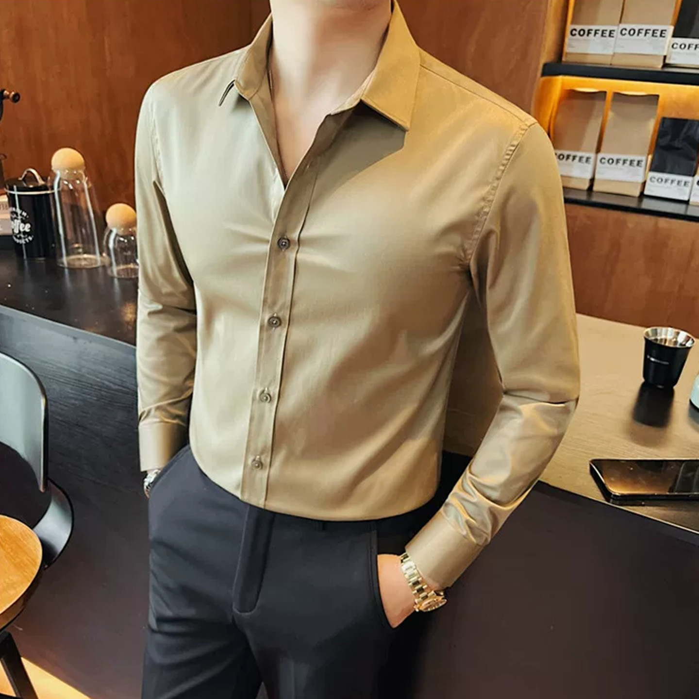 长袖衬衫男士商务通勤修身免烫尖领衬衣26秋季新款高级感纯色寸衫
